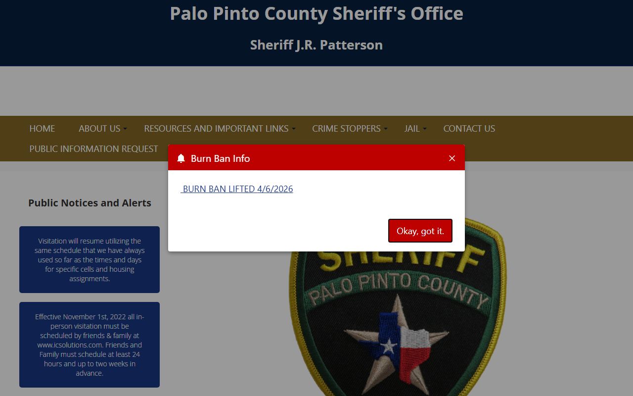 Palo Pinto County Sheriff's Office page with jail service links