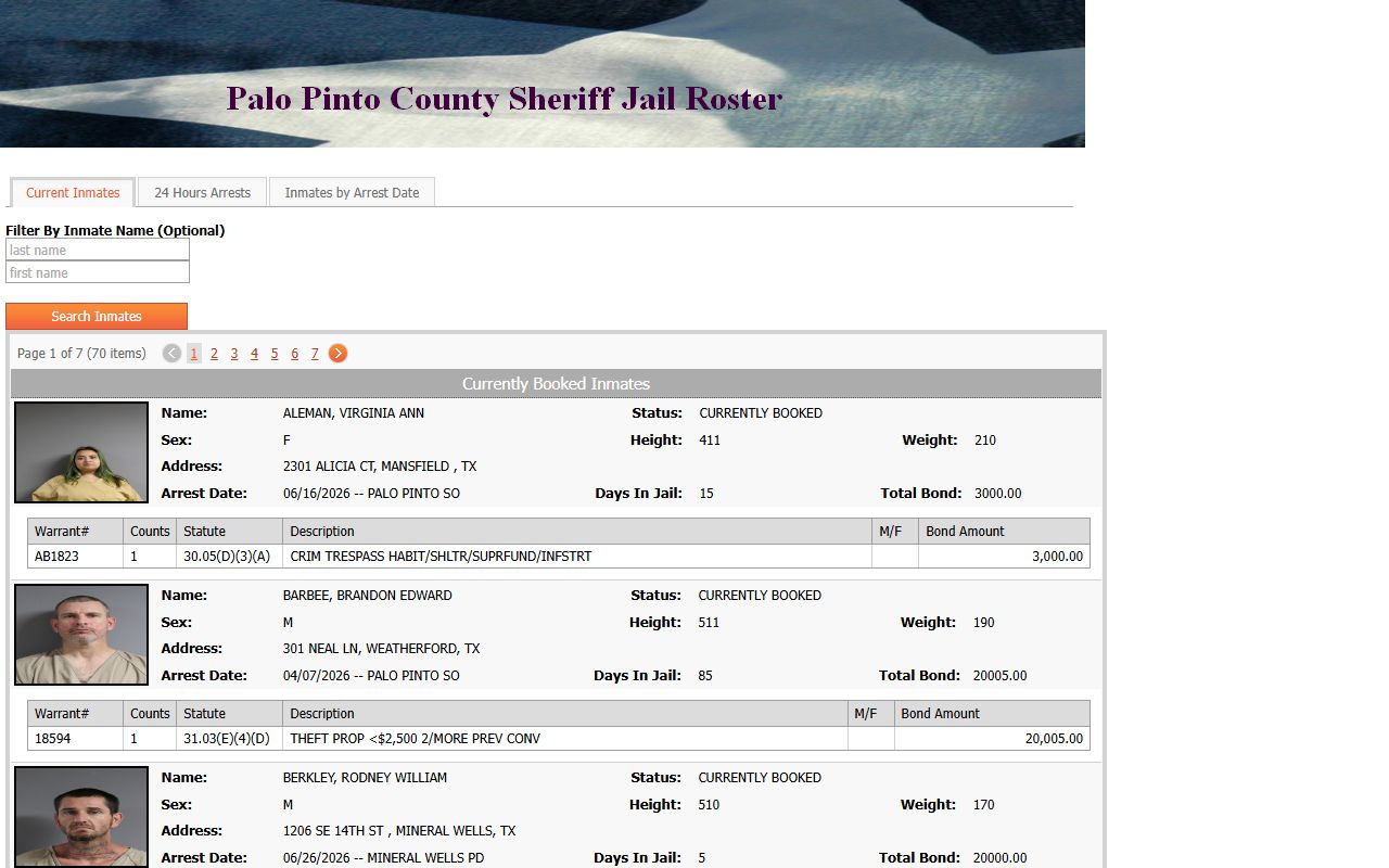 InterOpWeb current inmates page for Palo Pinto County