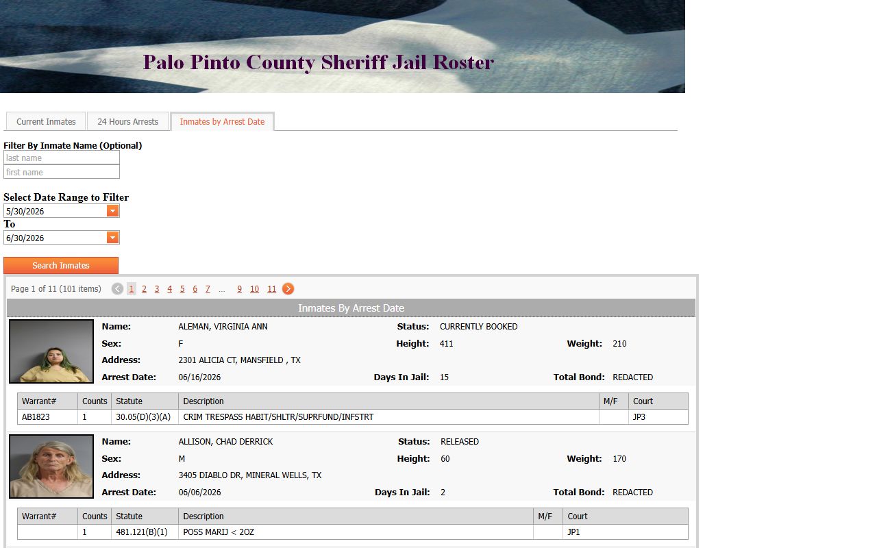 Palo Pinto County inmate records arrest-date roster search