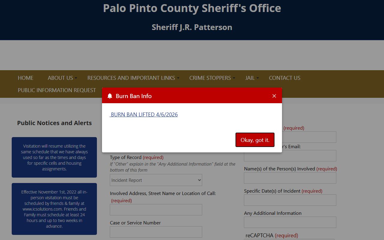 Palo Pinto County jail records public information request form
