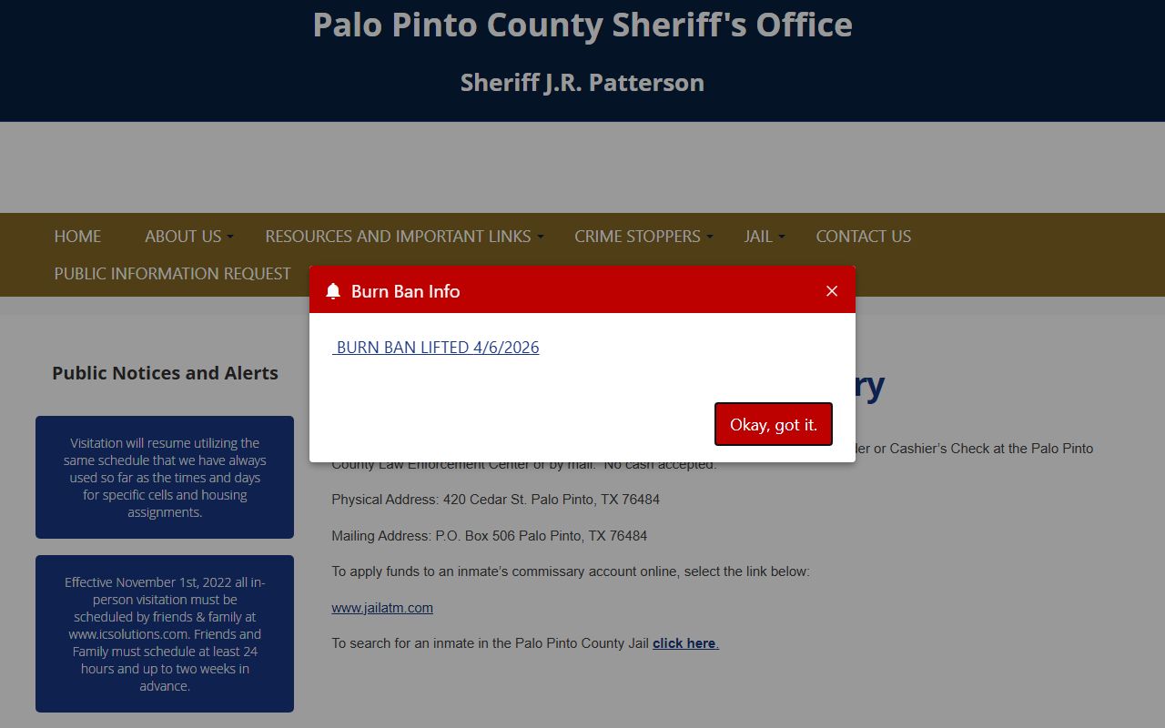 Palo Pinto County jail commissary page