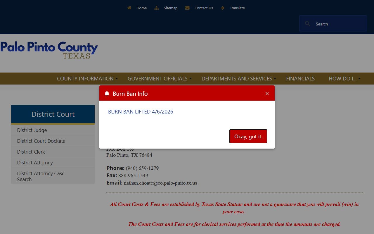 Palo Pinto County court records after arrest District Clerk page